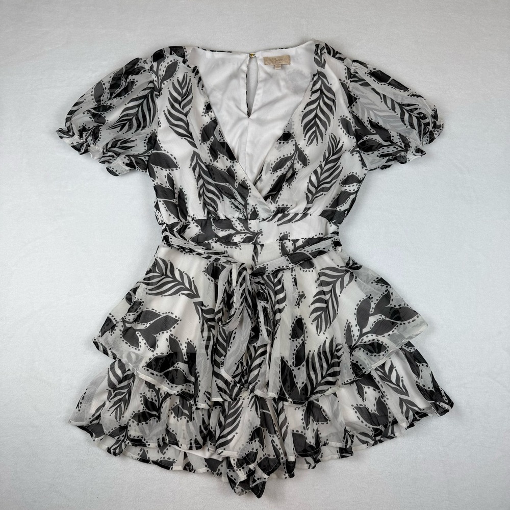 Indulge In Style Romper Women XL Black White Leaf Print Tiered Ruffle Shorts